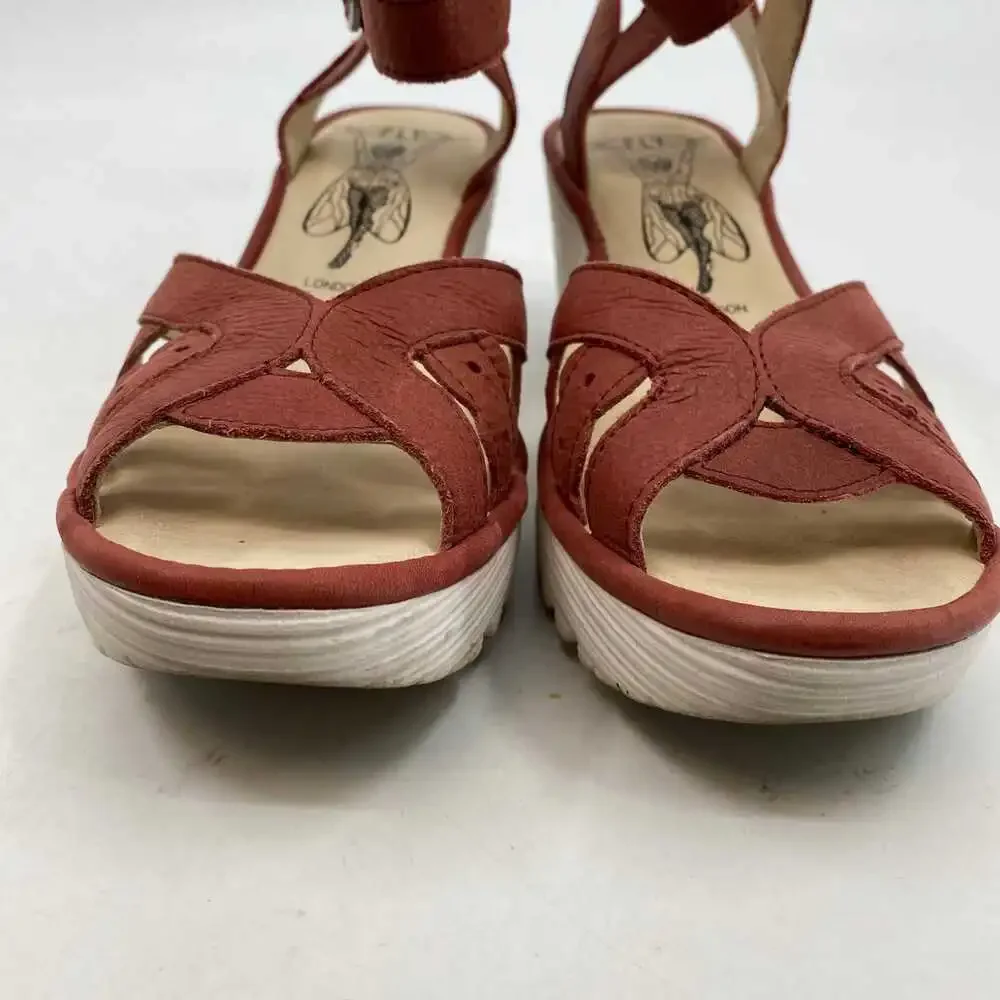 Fly London Red Leather Wedge Sandals | Size 38EU
